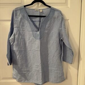 Women's L Premium Washable Linen Blend Embroidered Shirt Splitneck‎ Light Blue